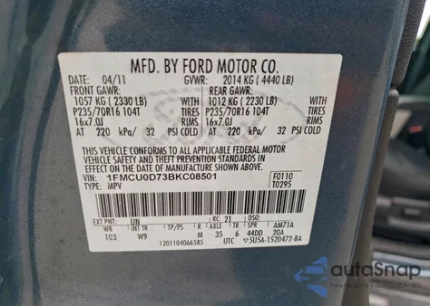 2011 Ford Escape Xlt из США, поврежденный, VIN 1FMCU0D73BKC08501